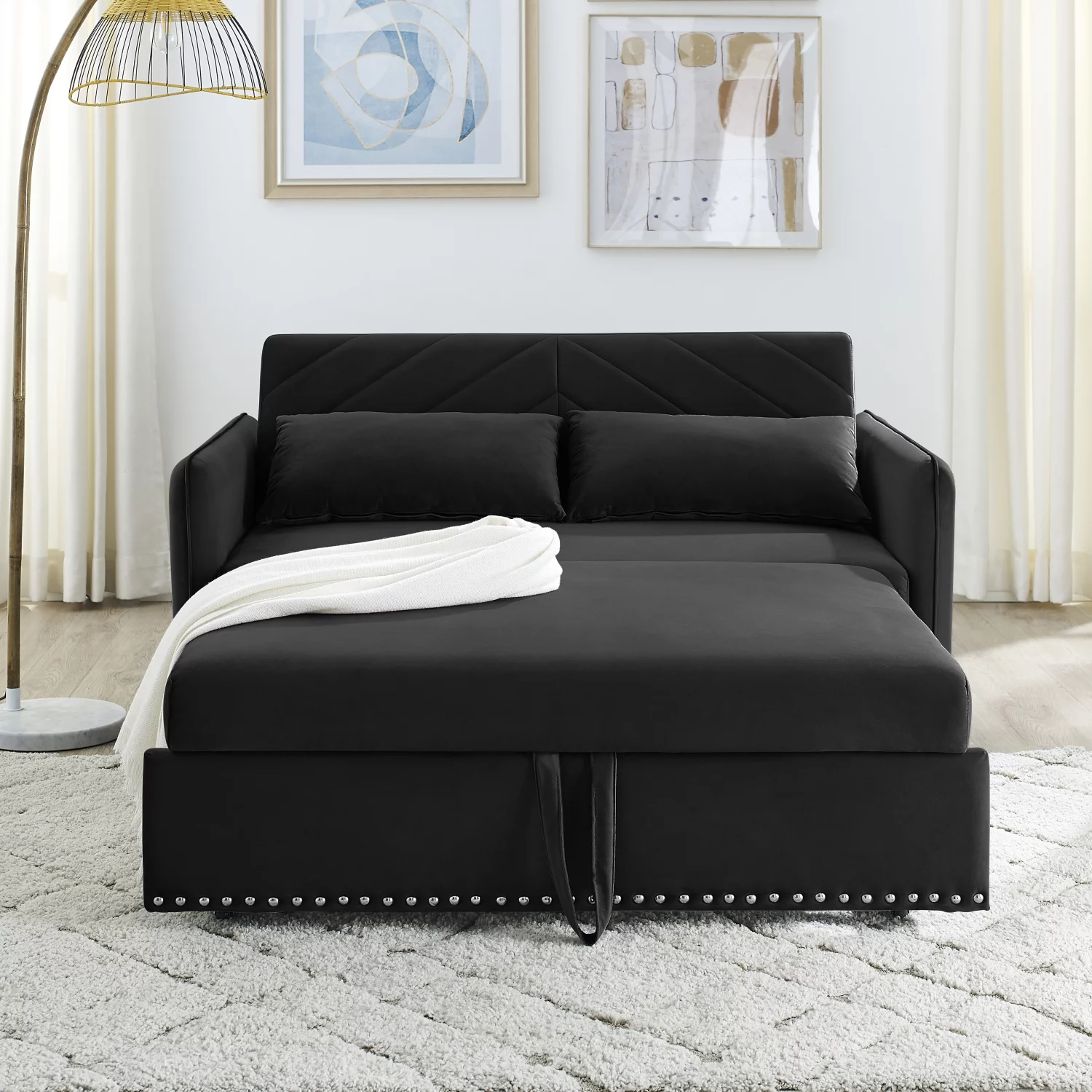Holaki Pull-out Sofa Sleeper, 3-in-1 Adjustable Sleeper with Pull-out Bed, 2 Lumbar Pillows and Side Pocket, Soft Velvet Convertible Sleeper Sofa Bed, Black