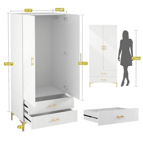 FeLeA Wardrobe Closet for Hanging Clothes, Armoire Portable Closet with Two Drawers & Hanging Rod, 2 Door Freestanding Wardrobe Cabinet for Bedroom,White,(31.5" W x 19.69" D x76.77 H)