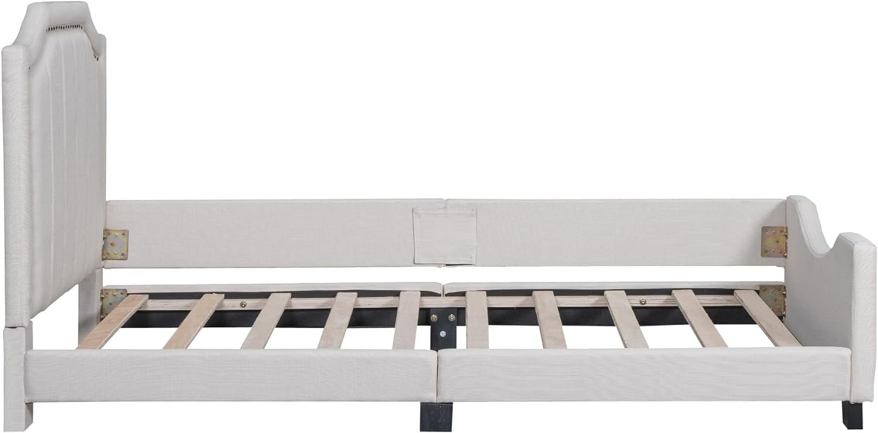 Upholstered Bed With Headboard, Low Platform Bed Frame With Rails For Kids, Lie Fabric Child Bed For Girls Boys Tees, Beige