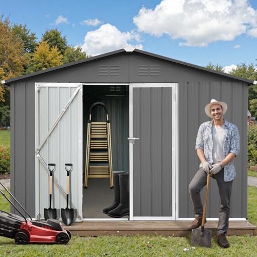10' x 8' Large Outdoor Storage Shed, Sturdy Metal Building w/Windows & Lockable Doors for Garden, Backyard, Poolside and Lawn, Grey