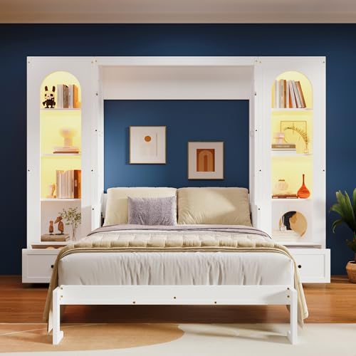 KLMM Wooden Murphy Bed Wall Bed with 2 Wardrobe and Storage Shelf,Foldable Platform Bedframe for Guest-Room Bedroom Study Office Use (White#E, Full)