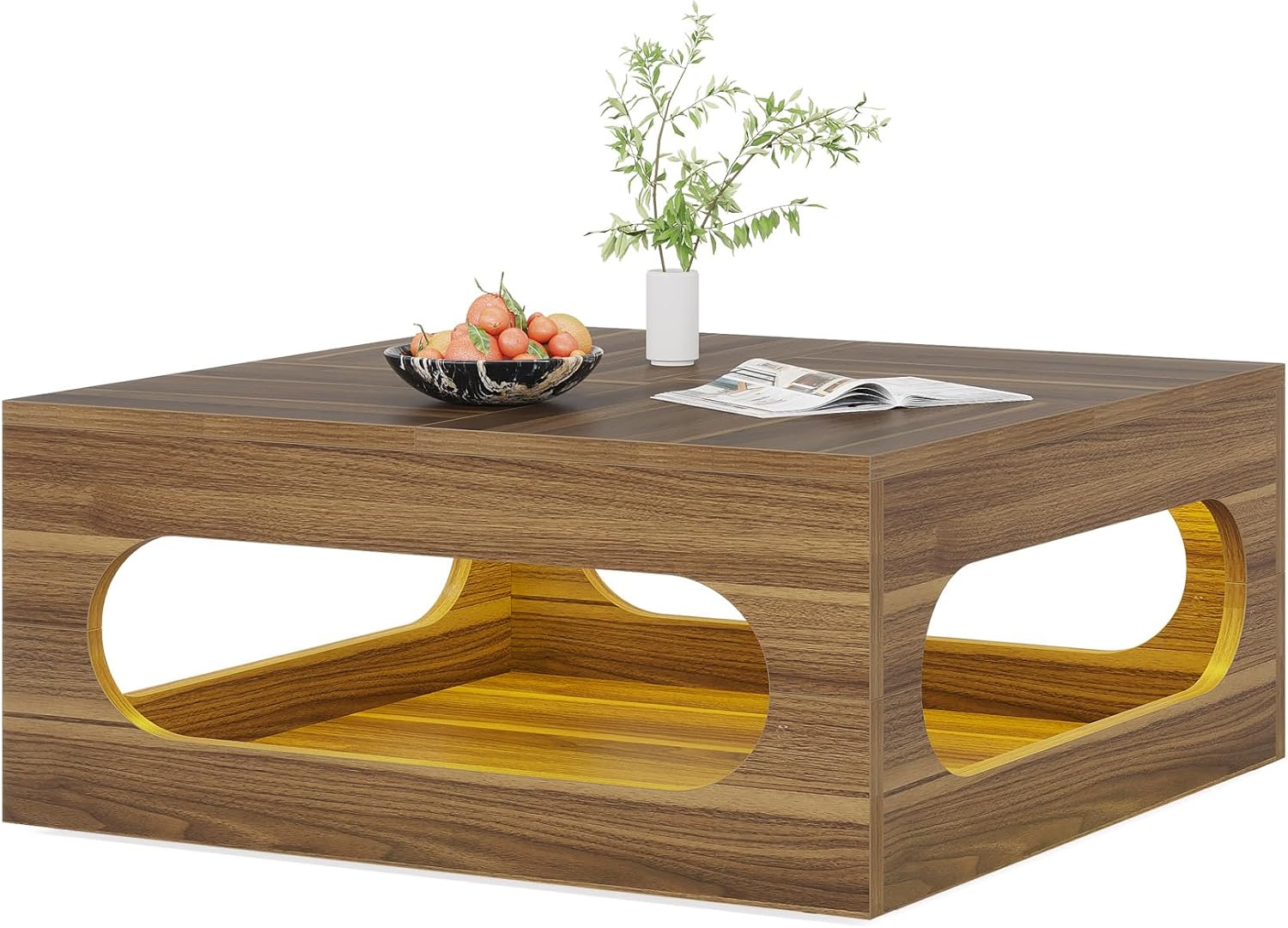 Tribesigns 43-Inch Coffee Table with LED Light, Square Coffee Table with Storage, Wood Cocktail Table, Farmhouse Center Table for Living Room Home Office, Brown