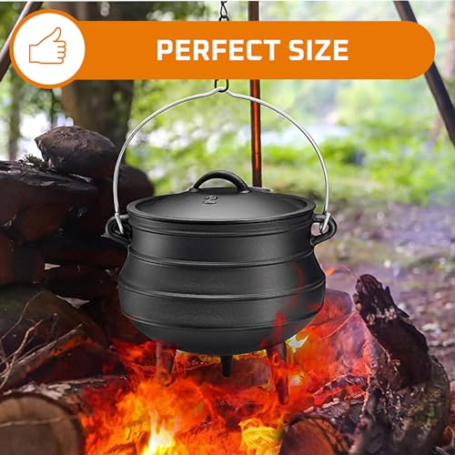 Bruntmor Pre-Seasoned Cast Iron Cauldron | African Potjie Pot with Lid | 3 Legs for Even Heat Distribution - Premium Camping Dutch oven Cookware for over-the-fire Cooking - 10 Quarts (X-Large)