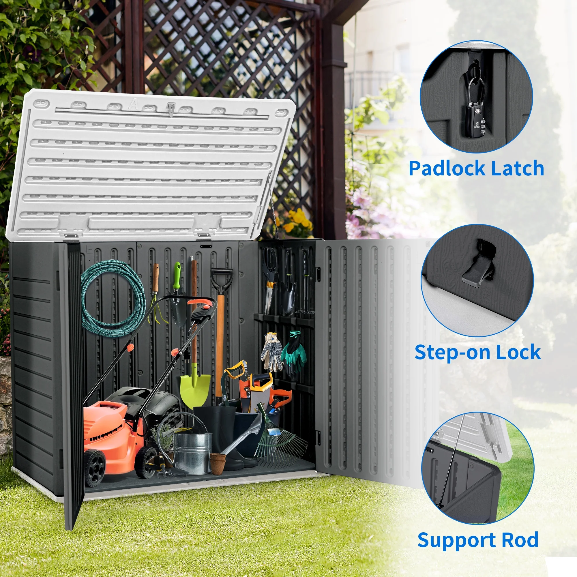 Dextrus Outdoor Horizontal Storage Sheds, Weather Resistant Resin Tool Shed, Multi-Opening Door for Easy Storage of Bike, Trash Cans, Garden Tools, Lawn Mowers, 35 Cu ft