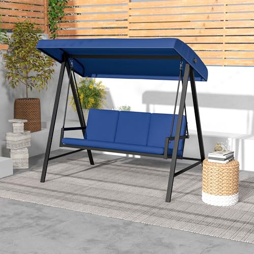 Outsunny 3-Seat Outdoor Porch Swing with Stand, Heavy Duty Patio Swing Chair with Adjustable Canopy, Removable Cushions, Breathable Mesh Seat for Garden, Backyard, and Poolside, Beige