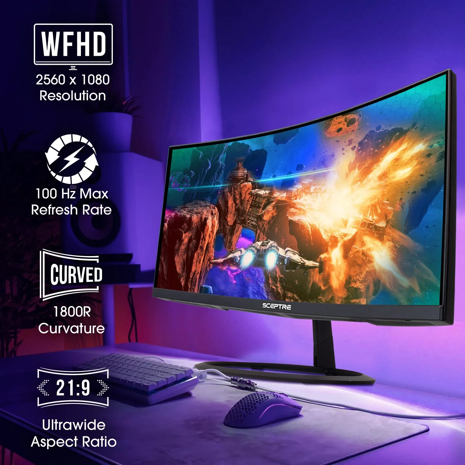 Sceptre Curved 30" 21:9 Gaming LED Monitor 2560x1080p UltraWide Ultra Slim HDMI DisplayPort Up to 85Hz MPRT 1ms FPS-RTS Build-in Speakers, Machine Blue (C305W-2560UN)