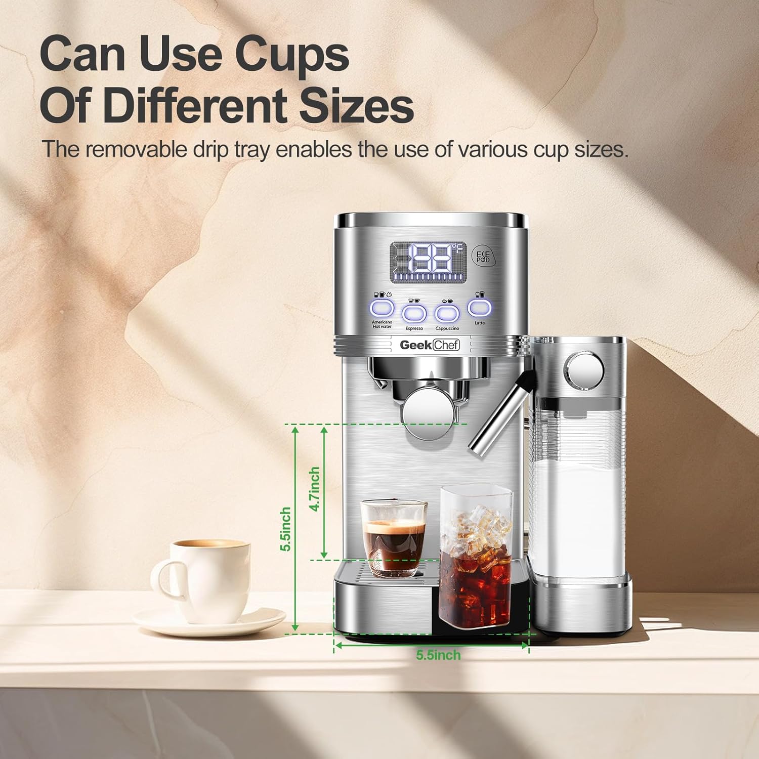 Geek Chef Espresso Machine with Built-In Automatic Milk Frother, 7-in-1 Cappuccino & Latte Machine for Home, 80s Get Americano Coffee, ESE POD Filter, 20 Bar, Stainless Steel
