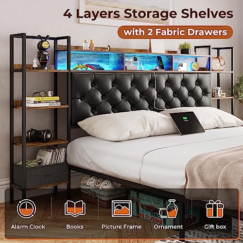 DICTAC Bed Frame King Size with Bookcase Storage Headboard and Charging Station King Size Metal Led Platform Bed with LED Lights and Upholstered Headboard,King Size Bed,No Box Spring Needed,Black
