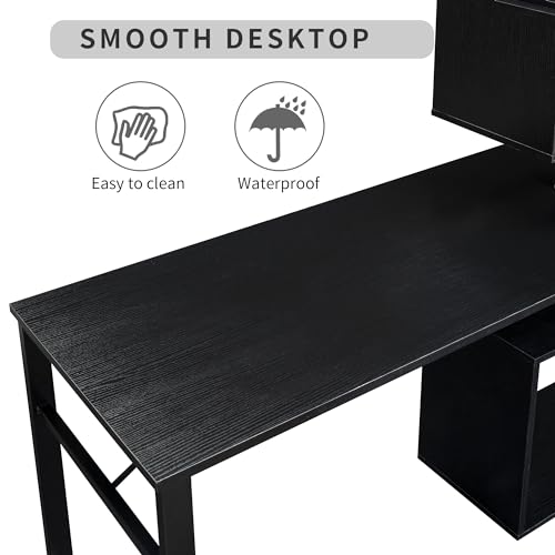 L Shaped Computer Desk Corner Table, Rotating with Bookshelf for Home Office, Lockable Casters, Modern Design, MDF and Steel Frame, Compact Desk, Easy Assembly (Brown)