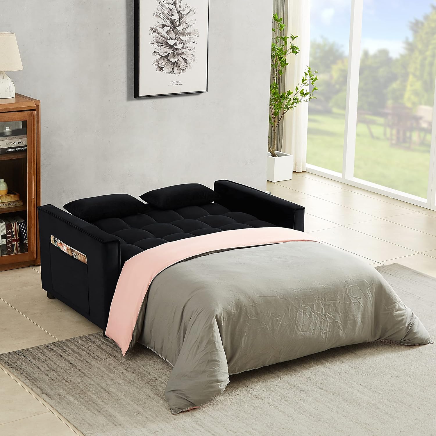 3 in 1 Convertible Sleeper Sofa Couch with Pull Out Bed,Small Futon Loveseat Lounge Chaise with Reclining Backrest and Armrest,Soft Upholstered Love Seats RV Furniture for Living Room