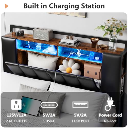 Alohappy Full Size Bed Frame with Storage Headboard & Charging Station, PU Leather Platform Bed Frame Full with LED Lights and Hidden Storage, Heavy Duty Metal Slats, No Box Spring Needed, Black