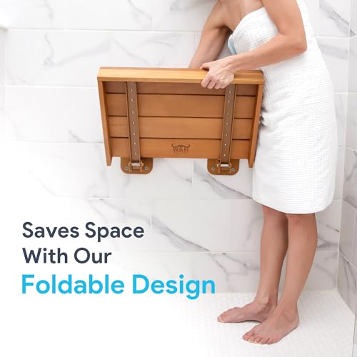Wool & Ray Folding Shower Seat | Shower Seat for Inside Shower | Sturdy Teak Shower Bench | High End Teak Bench | Foldable Shower Chair | Teak Shower Benches for Inside Shower