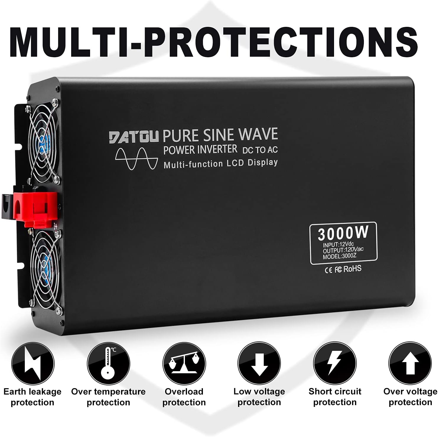 Pure Sine Wave Inverter 2000W Peak 4000W Power Inverter DC 12V to AC 110V 120V with 2 AC Outlets LCD Display for Home Solar System Car Truck RV Professional-Grade Voltage Converter Sine Wave Inverter