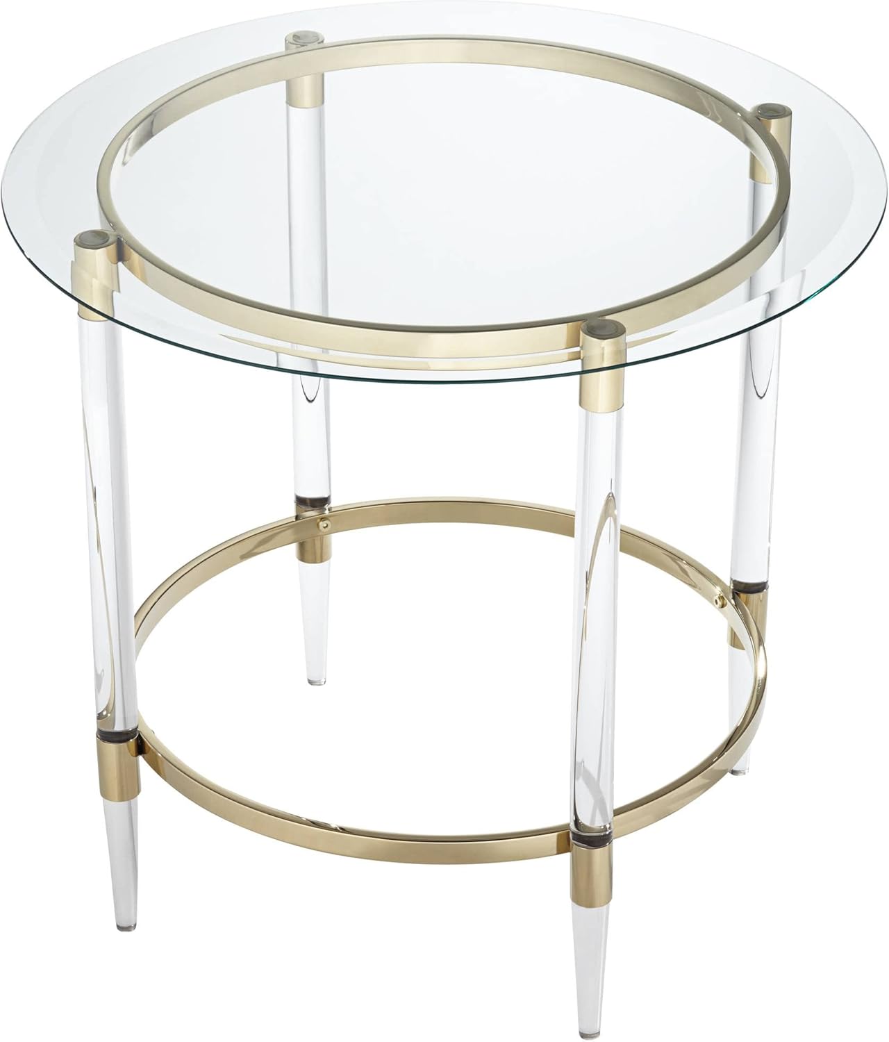 55 Downing Street Saarinen Modern Minimalist Glass Round Accent Side End Table 24 3/4" Wide Clear Gold Rings for Spaces Living Room Bedroom Bedside Entryway House Home Office Bathroom Decor