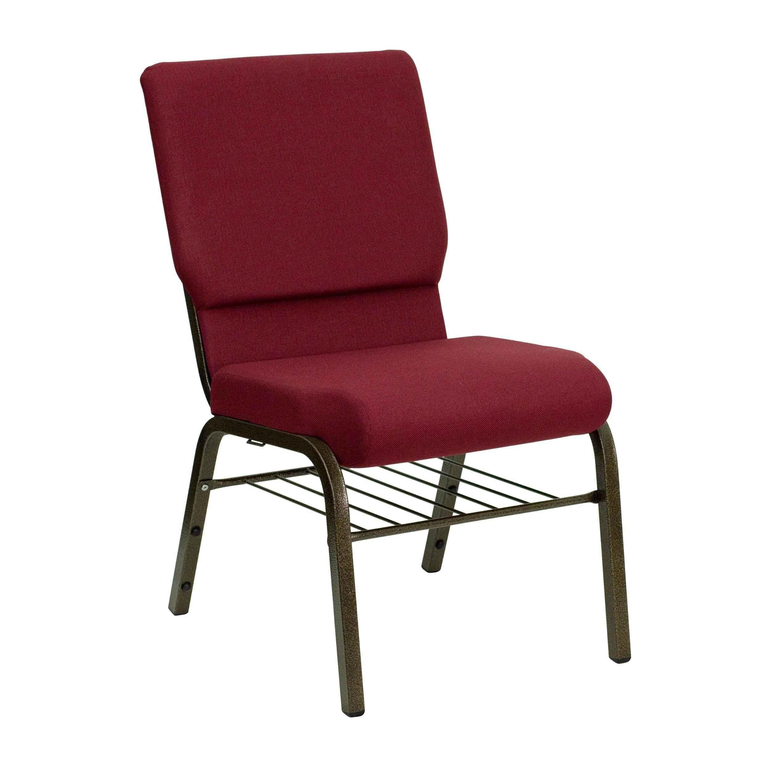 Hercules Series 18.5&&W Church Chair with Book Rack Green Patterned Fabric/Gold Vein Frame