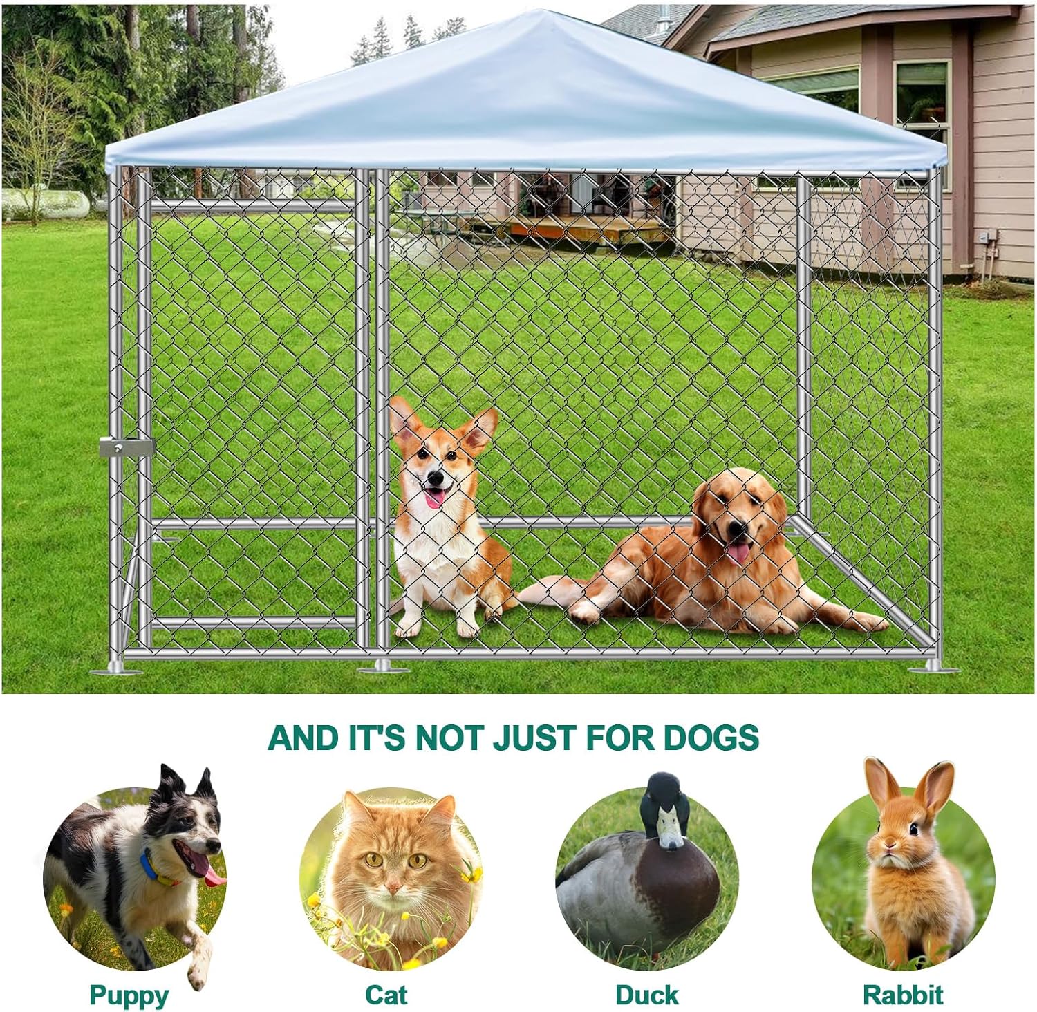 Outdoor Dog Kennel Heavy Duty Dog Cage with Waterproof Roof UV-Resistant Cover Anti-Rust Metal Mesh Fence and Lockable Door Chain Link Dog Exercise Pen Run for Dogs, 6.5x6.5x5 ft