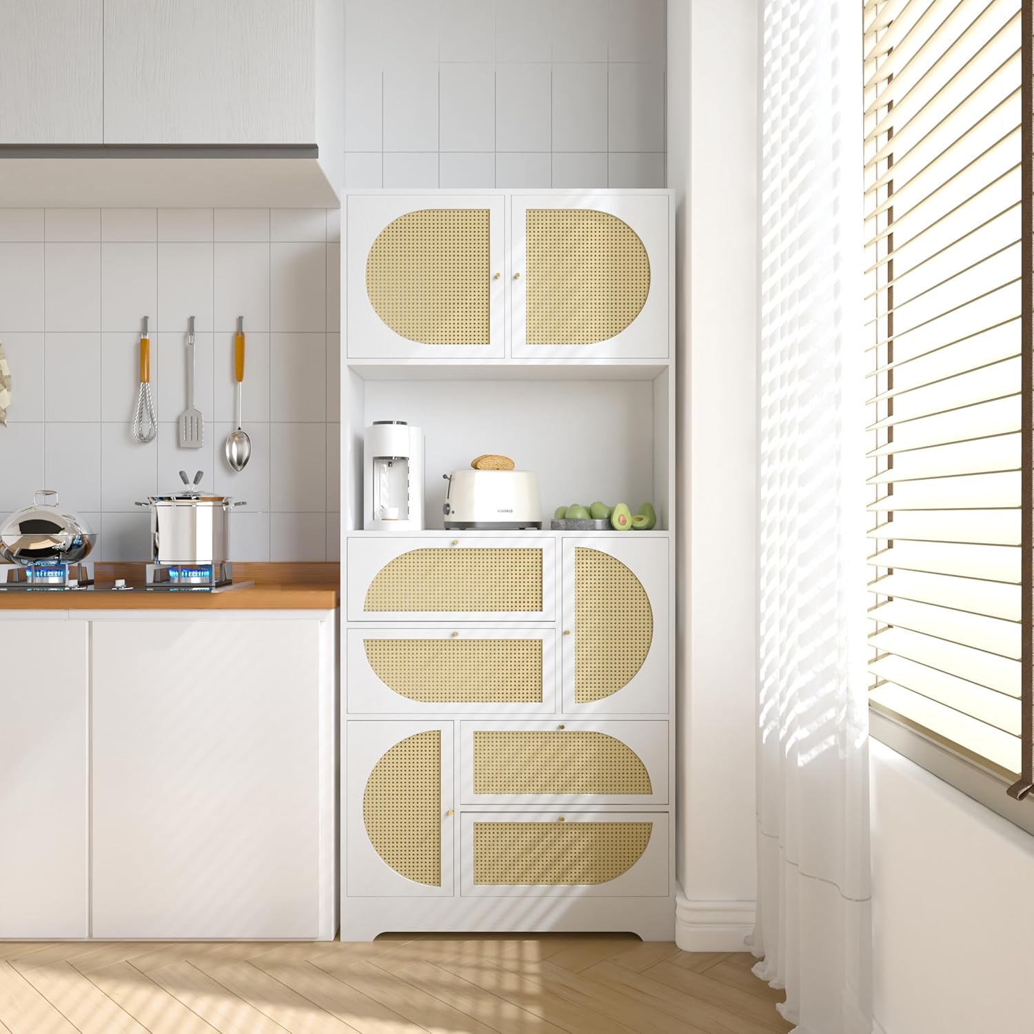 71" Tall Kitchen Pantry Cabinet, Kitchen Storage Cabinet Hutch Cabinet with Charging Ports and Microwave Stand, Rattan Kitchen Hutch with 4 Cabinets, 4 Drawers, for Dining Room Kitchen, White