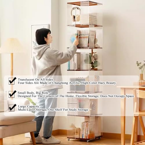 5/6 Tier Rolling Bookcase, Bamboo 360° Rotating Bookshelf Tower, Revolving Bookcase Stackable Bookshelf Organizer, Freestanding Spinning Bookshelf with Wheels for Bedroom, Living Room, Brown