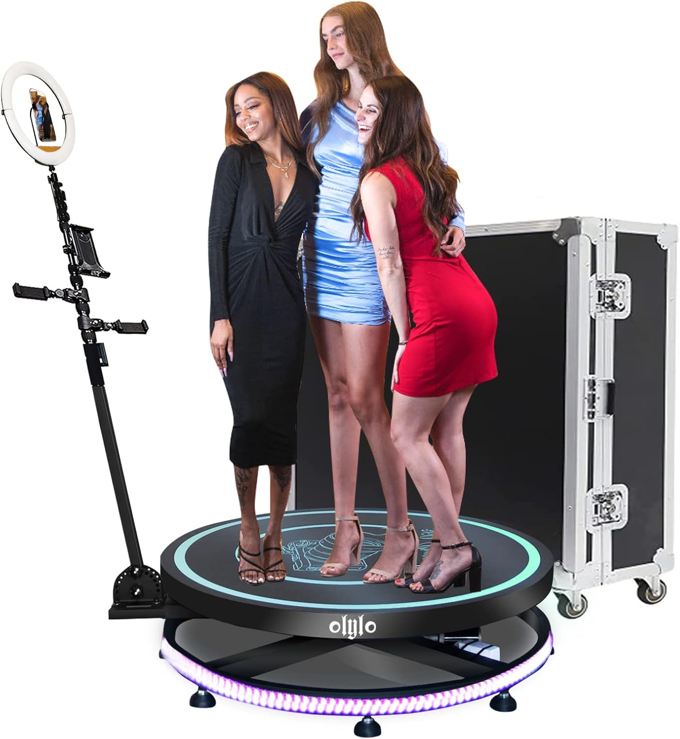 360 Photo Booth Machine for Parties with Free Logo Ring Light Selfie Holder Accessories,2 People Stand on Remote Control Automatic Spin 360 Video Camera Booth Platform Spinner 26.8” with Trolly