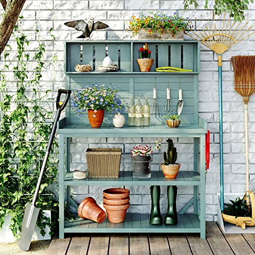 Outdoor Wooden Potting Bench Table – Farmhouse Garden Workstation with Drawers, Cabinet & Storage Shelves, Large Fir Wood Work Table for Patio, Backyard, Mudroom, Greenhouse (Light Brown, 66''H)