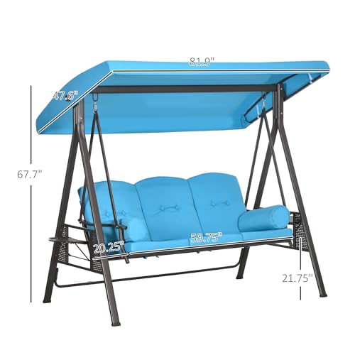 Outsunny 3-Seat Patio Swing Chair, Outdoor Porch Swing Glider with Adjustable Canopy, Removable Cushion, Pillows and Side Trays, for Garden, Poolside, Backyard, Brown