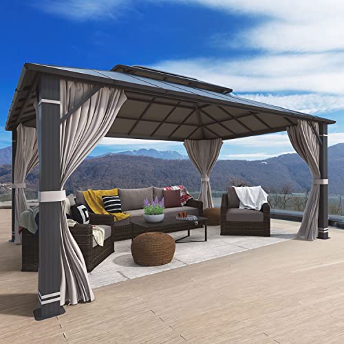YOLENY 10' x 12' Hardtop Gazebo, Wood-Looking Gazebo with Galvanized Steel Double Roof, Aluminum Frame, Permanent Metal Pavilion with Netting and Curtains for Deck, Backyard, Patio and Lawns