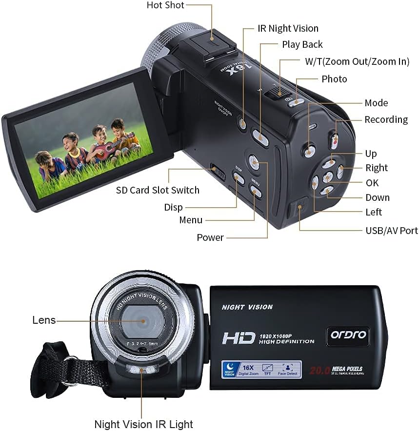 Video Cameras Night Vision Camera ORDRO V12 Digital Camcorder, 1080P YouTube Camcorder, 3'' LCD Screen 16X Digital Zoom Video Recorder with IR Night Vision Light, Remote Control, 2 Batteries