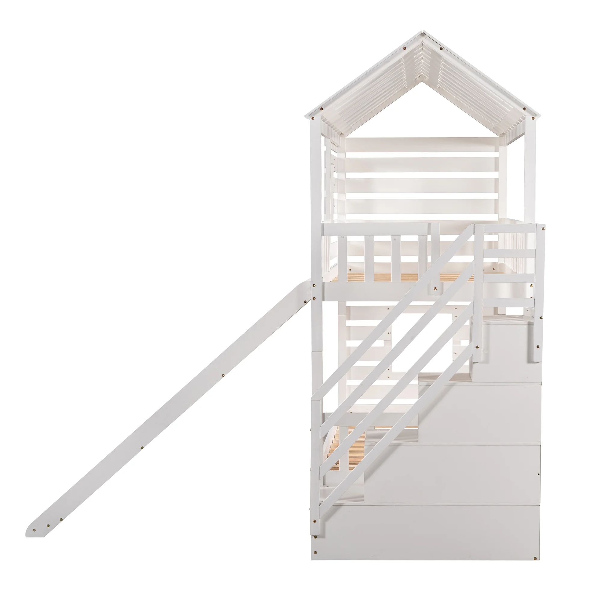 Stairway House Bed Solid Wood Twin over Twin Bunk Bed with Trundle and Slide, Storage Staircase, Roof and Window Design for Toddler Kids Teens