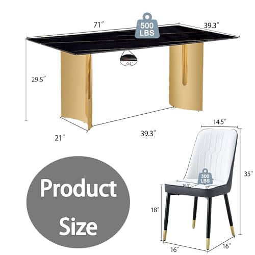 Modern Dining Table Set for 6,White Kitchen Table Set for 6,Marble Textured Table Top with Golden Stainless Steel Base,71'' Gold Dining Room Table with 6 Black Upholstered Dining Chairs