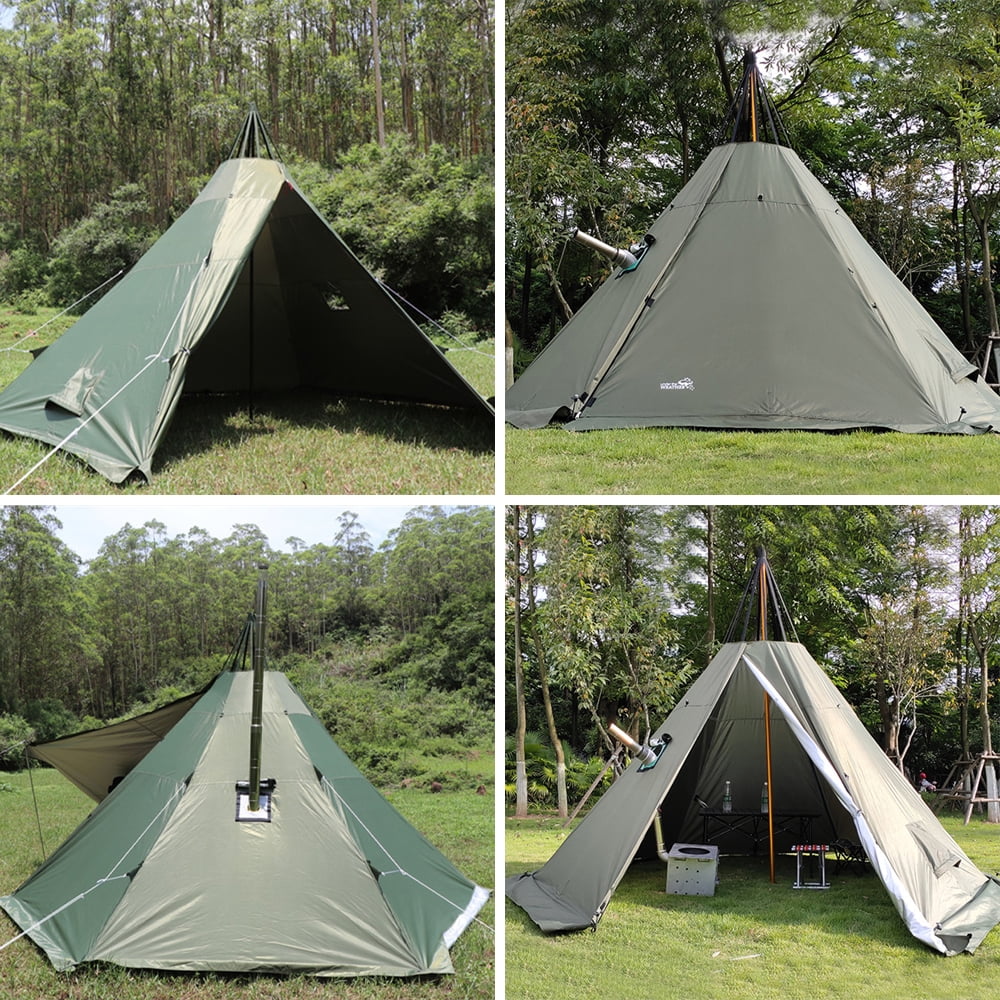 UNISTRENGH 4 Season Waterproof Oxford Teepee Tent With Stove Jack For Camping Hiking Green Pyramid Tent With Full Mesh