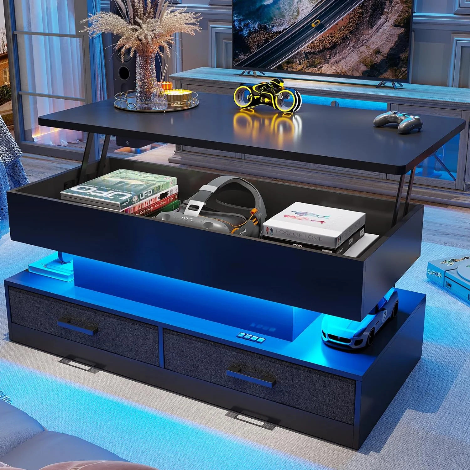 SEDETA 40" Lift Top Coffee Table with Storage, Small Coffee Table with 2 Fabric Drawers and LED Light for Dining Reception Room, Black