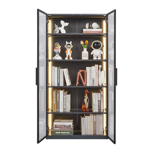 Display Cabinet with Light Strips, 5 Shelves Metal Storage Cabinet with Glass Door, Floor Standing Tall Bookcase Clear Glass Curio Cabinet Collection for Living Room Bedroom (Double Door)