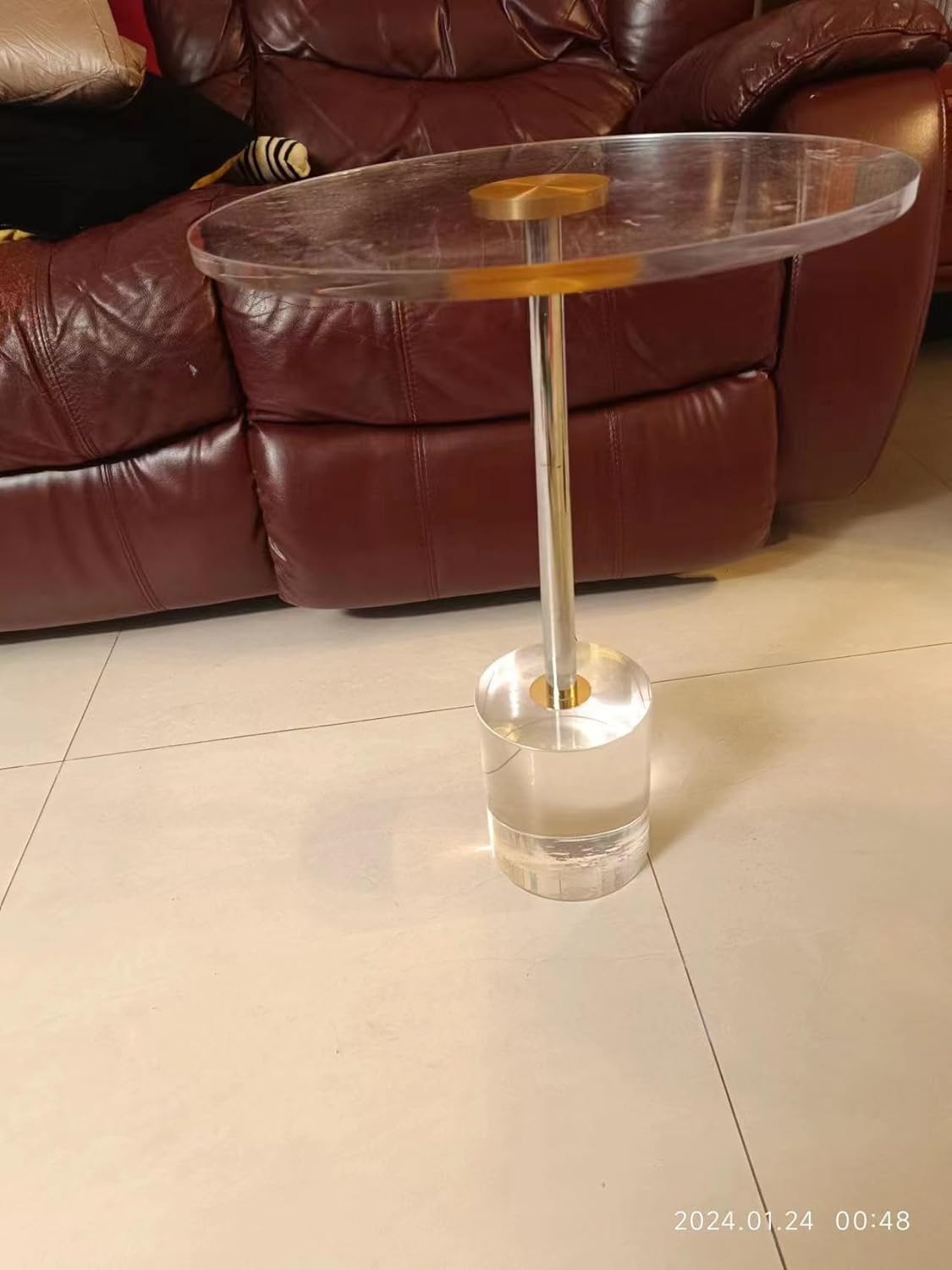 Silver Pole Clear Acrylic End Table,Side Table,Brushed Brass Metal,Round,for Office, Living Room and Bedroom