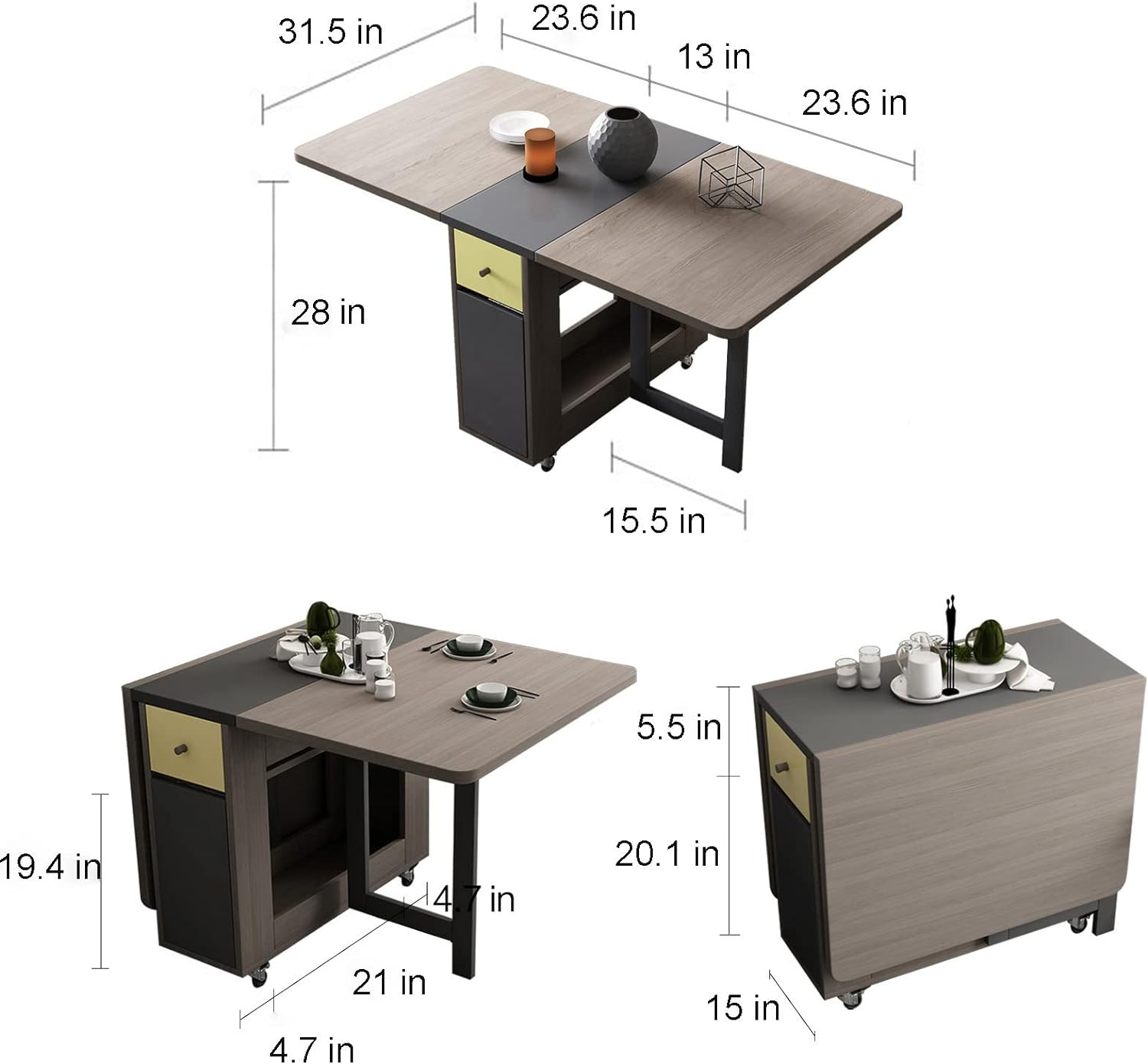 5-Piece Folding Dining Table and Folding Dining Chairs Set, Movable Space Saving Foldable Dining Table and Folding Chairs for Home, Kitchen, Dining Room (Table + 4 Chairs, Grey)