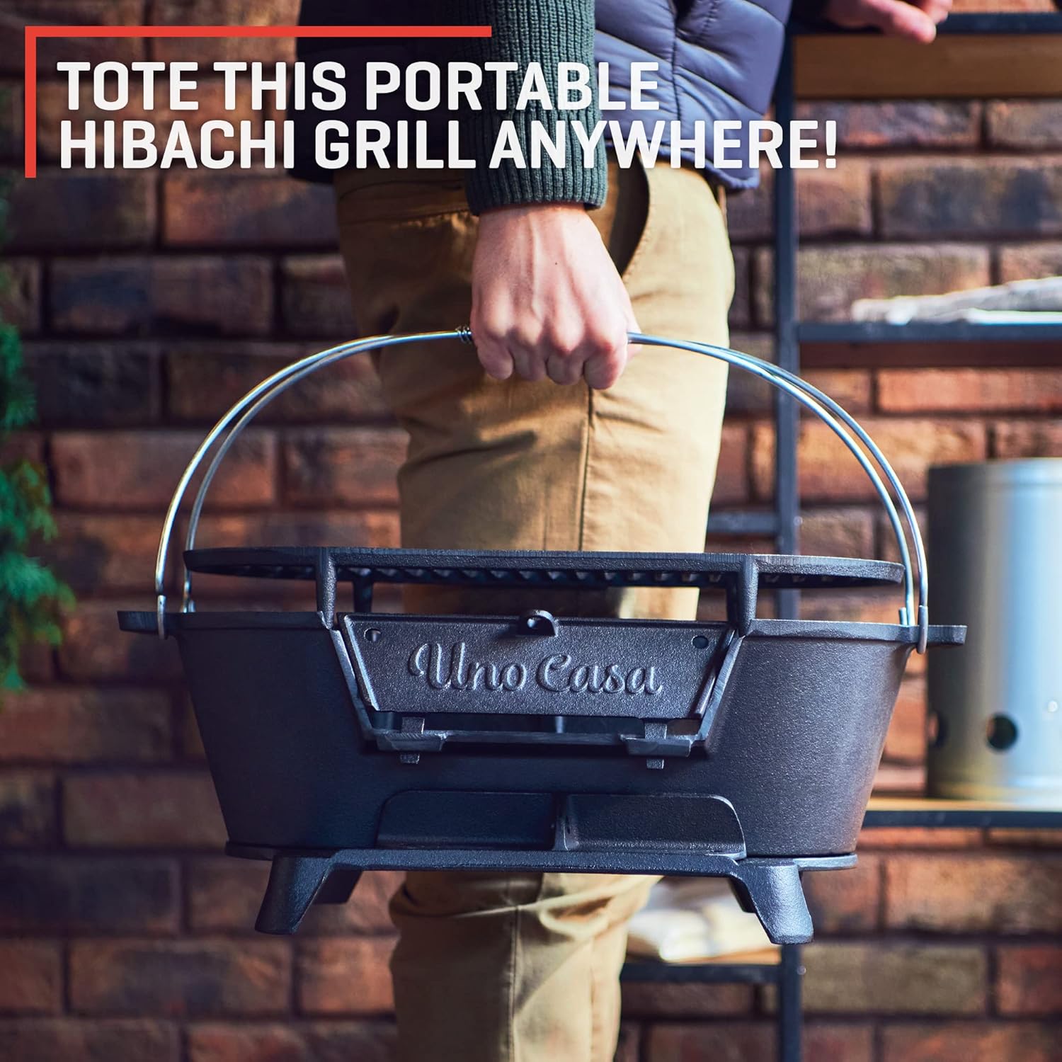 Uno Casa Hibachi Grill - Pre-Seasoned Small Charcoal Grill, Portable Charcoal Grill for Camping, Outdoors, Japanese Hibachi Grill with Double-Sided Grill Net - Waterproof Cover Included