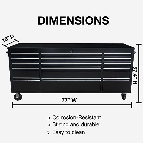 SINDA 72 Inch 15-Drawers Rolling Tool Chest with Drawers Tool Box with Wheels Mobile Tool Storage Cabinet with Wooden Top, Lockable, Storage Drawers, Satinless Steel