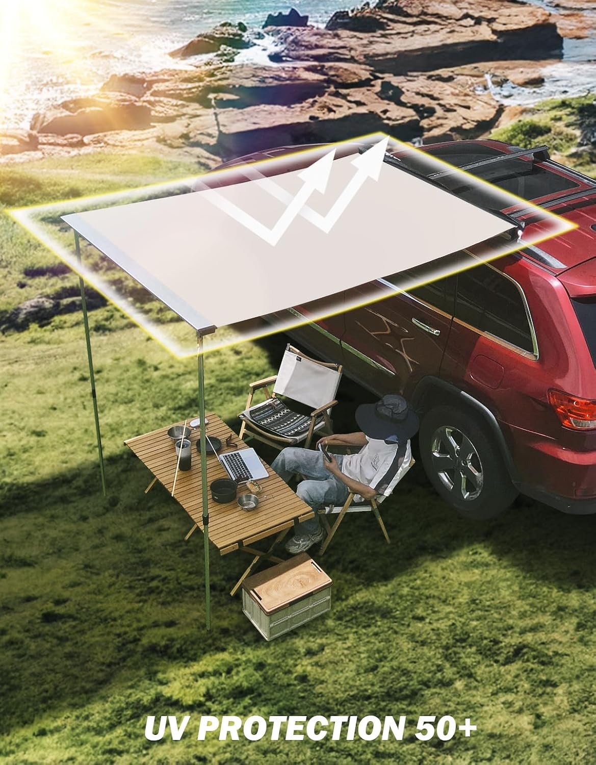 JOYTUTUS Vehicle Awning 8.2'x8.2' Roof Rack Pull-Out Sun Shade UV50+, Weatherproof 4x4 Side Awning for Camping, Car Awning with Adjustable Hardware, Quick Set-up, SUV/Truck/Van
