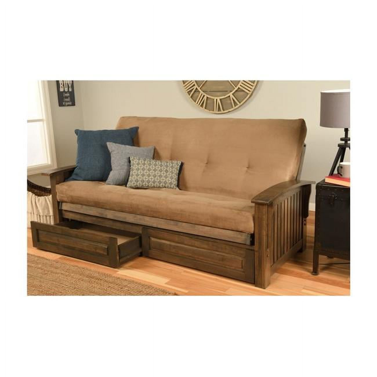 Washington Rustic Walnut Futon Frame with Suede Peat Mattress & Storage Drawers - Full Size