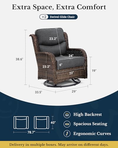 Luxury Patio Furniture Set with 6-inch Thick Cushion, Outdoor Couch and High Back Swivel Rocker Patio Chairs, 7PCS Wicker Conversation Set for Deck, Yard, and Poolside in Blue (V2)