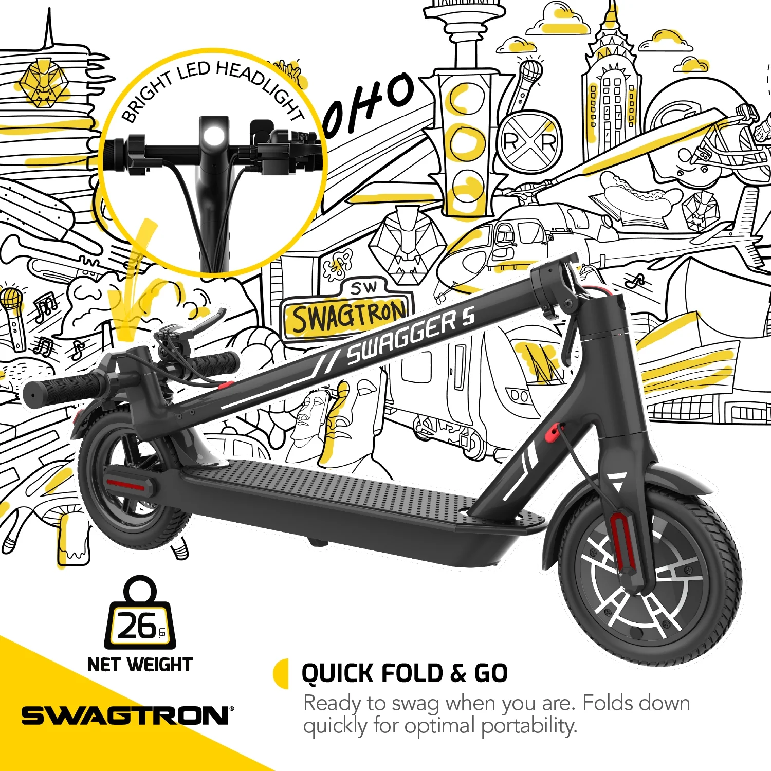 Swagtron Adult Electric Scooter Swagger 5 Boost, 320 lb Weight Limit, 8.5 Inch No-flat Tires, 300W Motor, Quick Folding, 18 Mph, UL 2272 Certified, Long Range