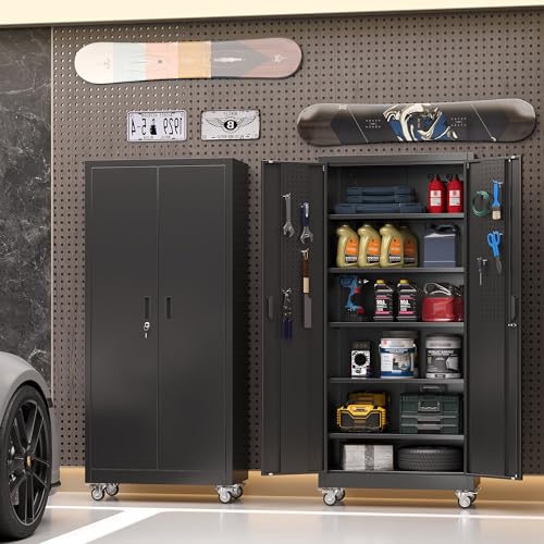 Aobabo 71" H×34" W×18" D Garage Metal Storage Cabinet with Wheels, Locking Steel Storage Cabinet with 5 Shelves and 4 Hooks, for Home Office, School, Assembly Required, Black Silver
