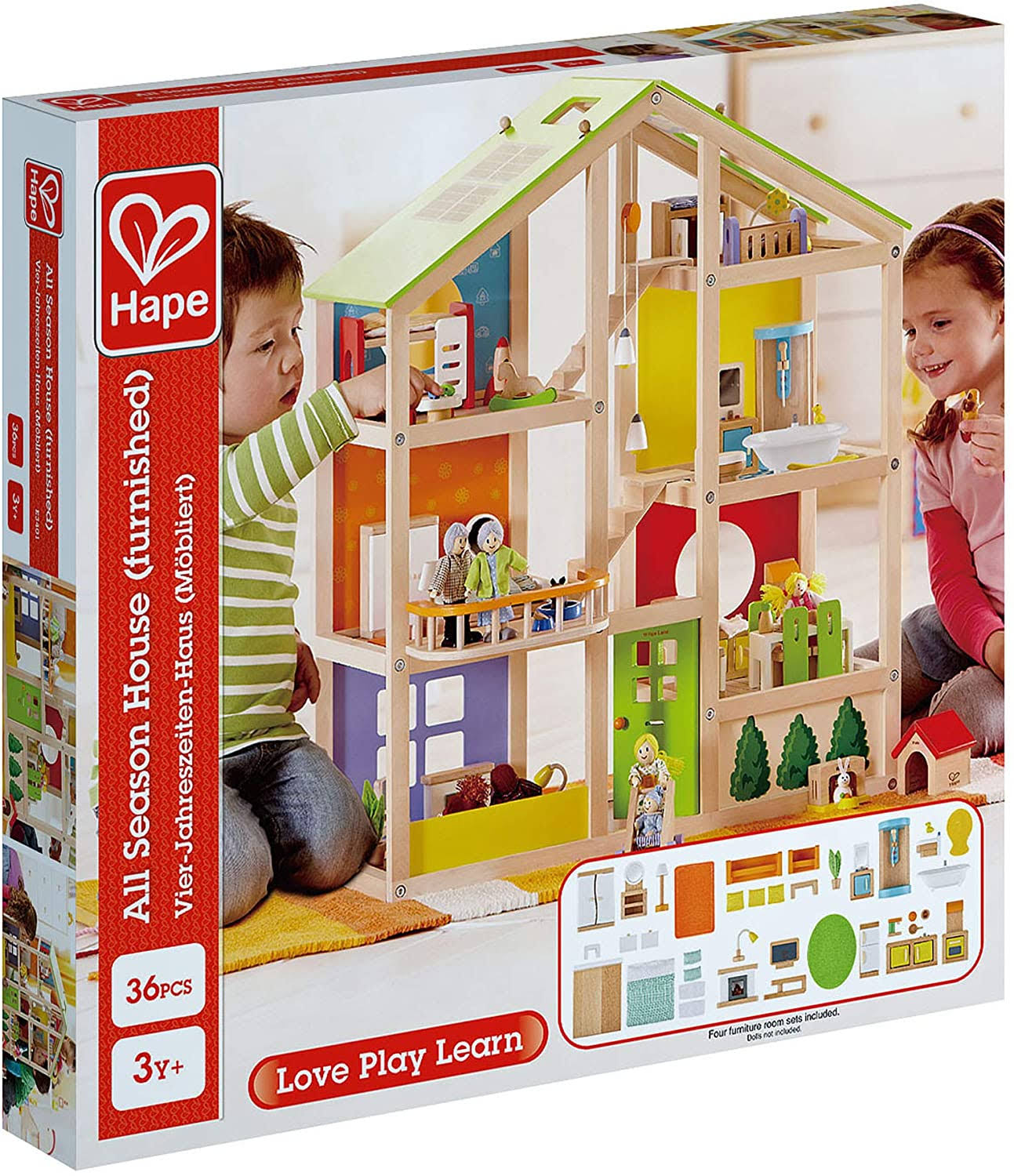 Hape All Seasons Kids Wooden Dollhouse by Award Winning 3 Story Dolls House Toy