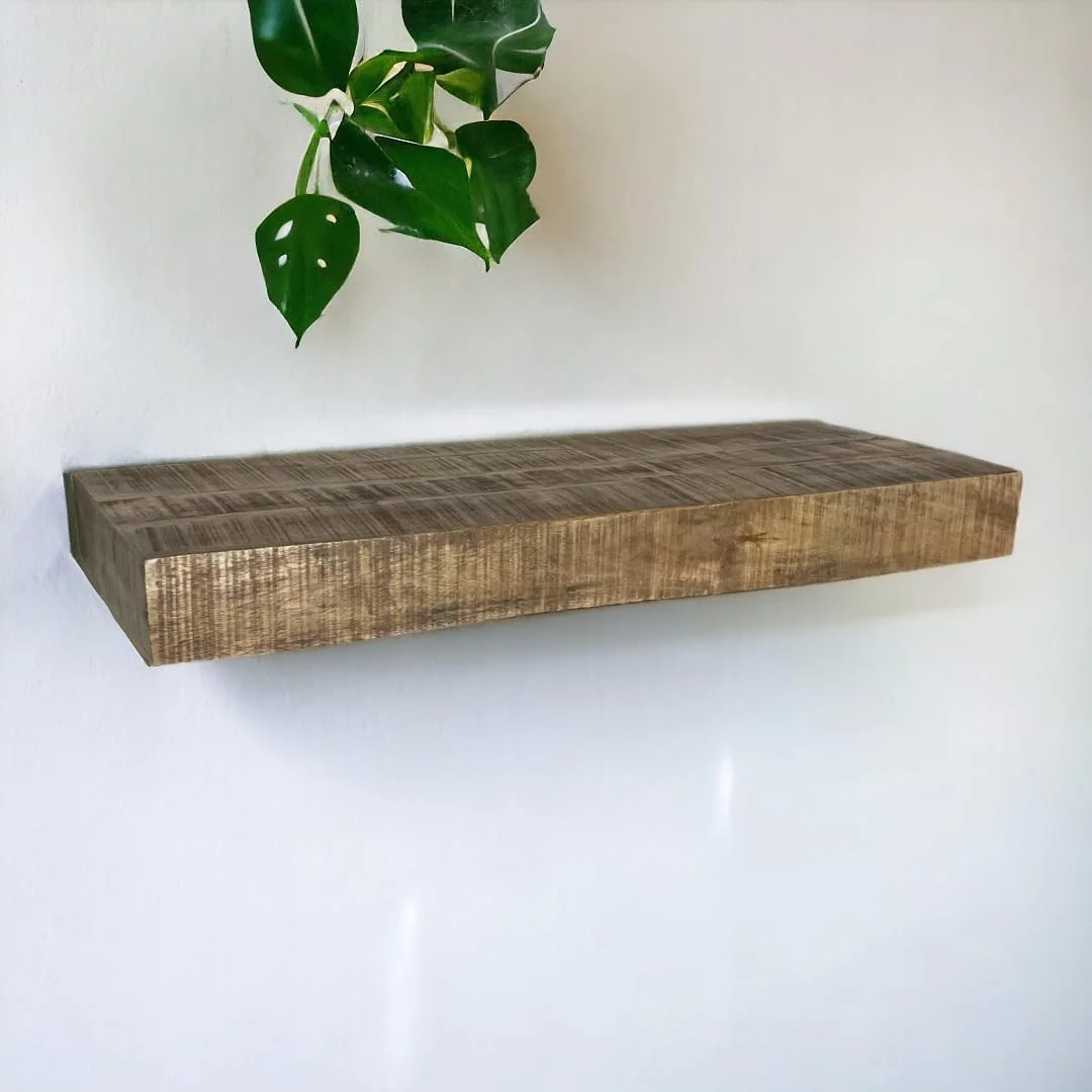 Posh Pollen - Hollow Floating Shelf, Hidden Bracket, Mango Wood, Heavy Duty, Wall Mounted Shelf, 42Wx12D, Light Wash
