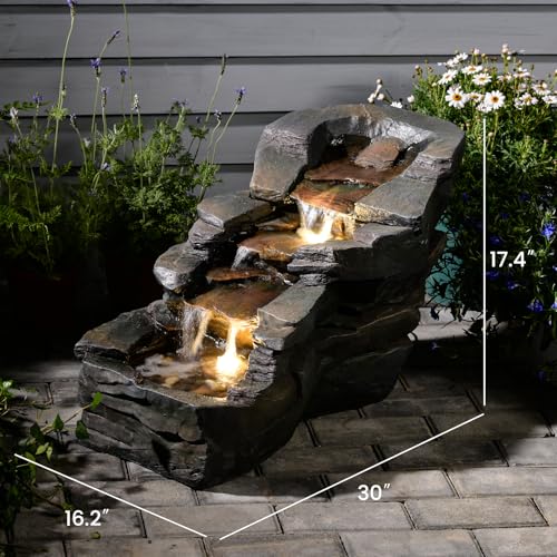 37" L Garden Outdoor Water Fountain, Floor Standing 5-Tiers Rock Natural Waterfall Outdoor Fountains with LED Lights for Patio, Porch, Home Art Decor