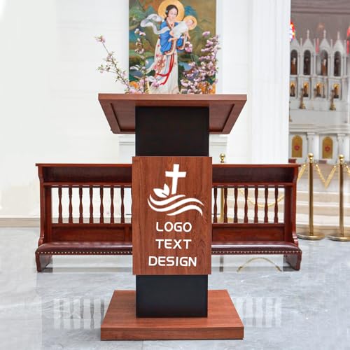47’’ Wooden Podium Stand with Wheels, Portable Lectern Churches with 15 MM Particle Board, Pulpits Stand with Storage, Lockable Wheels, Mic Stand for Churches, Office, School