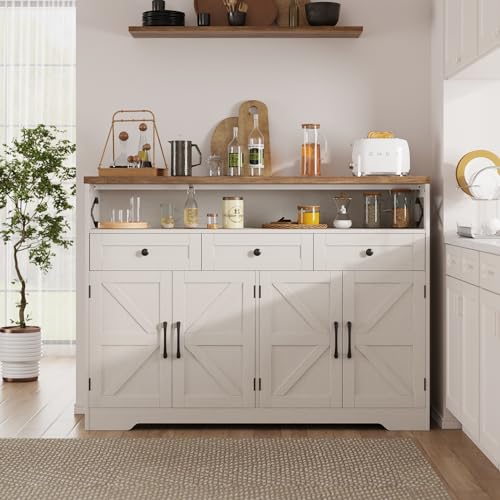 51" L Modern Farmhouse Sideboard Buffet Cabinet, White Storage Cabinet with Drawers & Shelves, Kitchen Pantry Hutch Cabinet, Coffee Bar Station Table for Living Room, Dining Room, Entryway