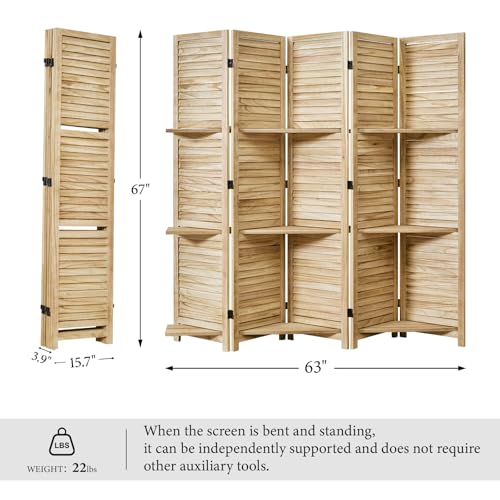 Room Divider with Shelves, 5.6 Ft Tall Folding Wood Screen with Double Hinges for Home Office Bedroom Hotel Decoration (6 Panels, Brown)