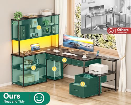 AODK 71 inch L Shaped Desk with File Drawers, Reversible L Shaped Gaming Desk with Power Outlets & LED Lights, Computer Desk with Storage Shelves for Home Office, Black