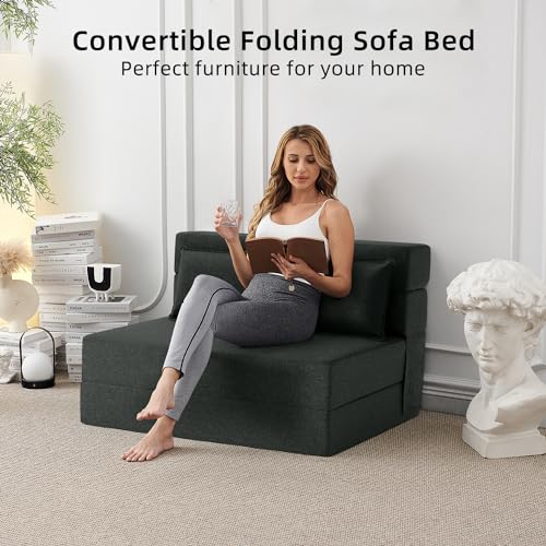 Convertible Folding Sofa Bed-Sleeper Chair with Pillow, Modern Linen Fabric Floor & Futon Couch, Foldable Mattress for Living Room/Dorm/Guest Use/Home Office/Apartment, Full Size,Dark Green