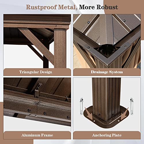 EROMMY 14'x20' Hardtop Gazebo Double Roof Galvanized Steel Canopy Outdoor Aluminum Frame Permanent Metal Pavilion with Netting and Curtains for Patio Backyard Deck and Lawns